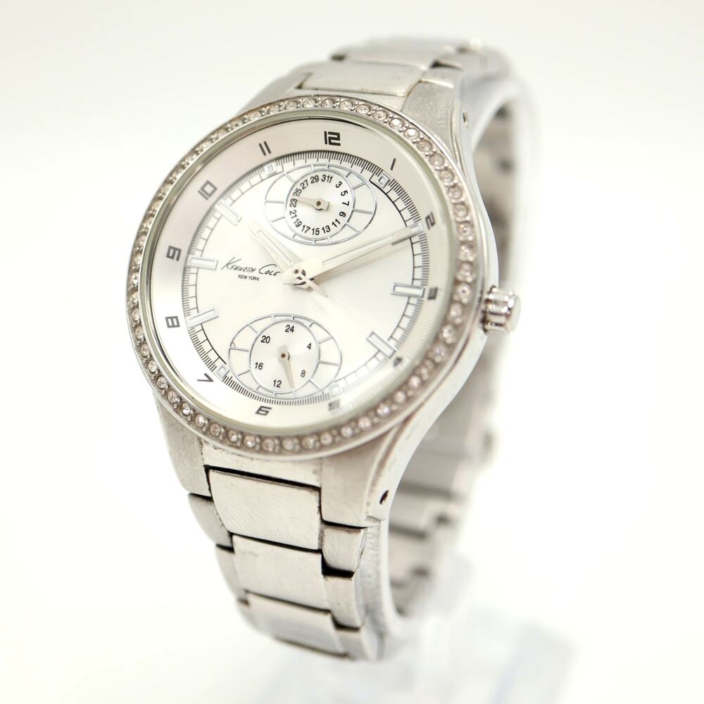 Kenneth Cole Silver Tone Day Date 35mm Womens Watch Steel Bracelet w New Battery